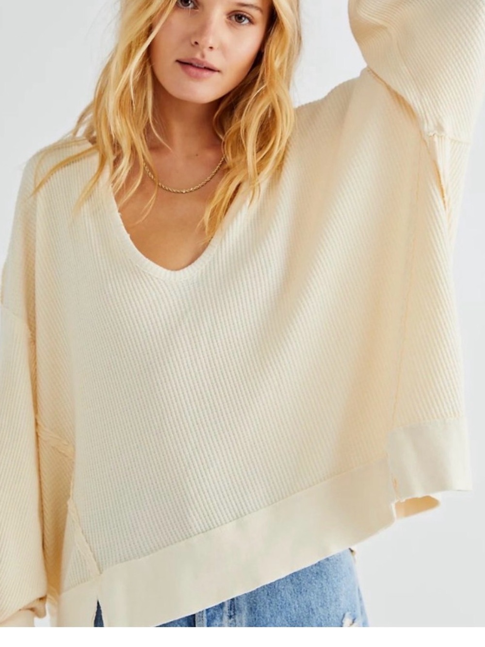 Free People Cream Oversized V-Neck Thermal Pullover